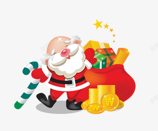 卡通背着礼物的圣诞老人png免抠素材_新图网 https://ixintu.com 卡通 卡通圣诞老人 圣诞老人 拐杖 礼品 礼物 金币