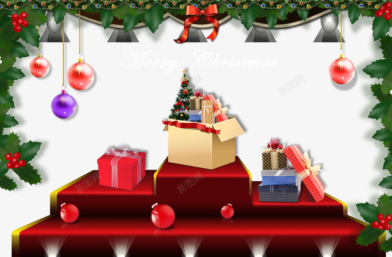 圣诞节png免抠素材_新图网 https://ixintu.com 节日舞台红色帷幔礼盒吊饰彩球绿叶
