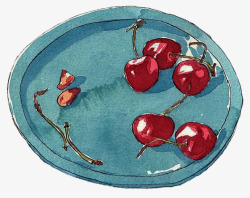 手绘蓝色盘子和樱桃素材