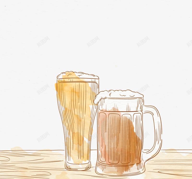 两个手绘玻璃啤酒杯png免抠素材_新图网 https://ixintu.com 啤酒 手绘 杯子 水彩