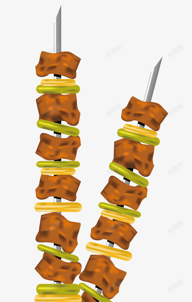 两串烧烤矢量图ai免抠素材_新图网 https://ixintu.com 两串烤串 绿色的食物 肉食 蔬菜 铁签子 食品 黄色 矢量图