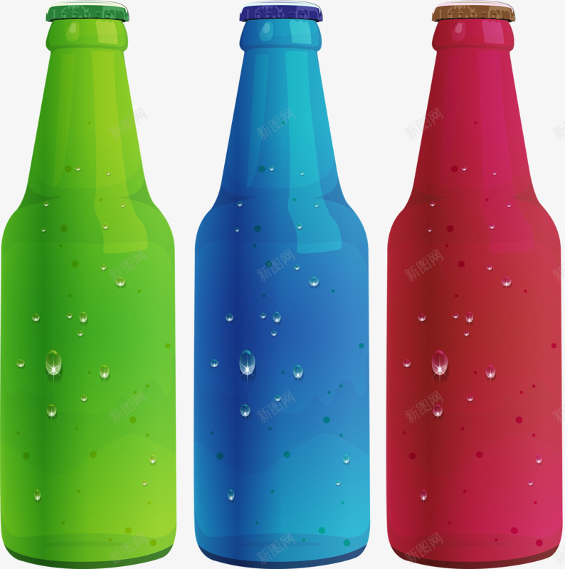 三瓶不同颜色饮料png免抠素材_新图网 https://ixintu.com 啤酒 红瓶 绿瓶 蓝瓶饮料