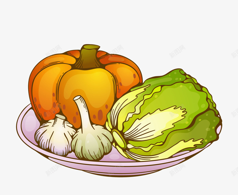 卡通一盘蔬菜图png免抠素材_新图网 https://ixintu.com 南瓜 大蒜 插图 有机蔬菜 白菜 绿色的 蔬菜