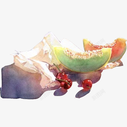 香瓜和樱桃油画片psd免抠素材_新图网 https://ixintu.com 油画静物 白纸 红色樱桃 黄色香瓜