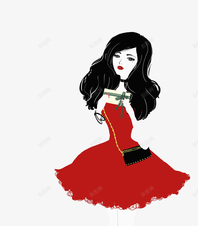 美丽女孩png免抠素材_新图网 https://ixintu.com 卡通人物 手绘平面 时尚搭配 服饰穿搭 漂亮模特 红色连衣裙 美丽时装 都市女性