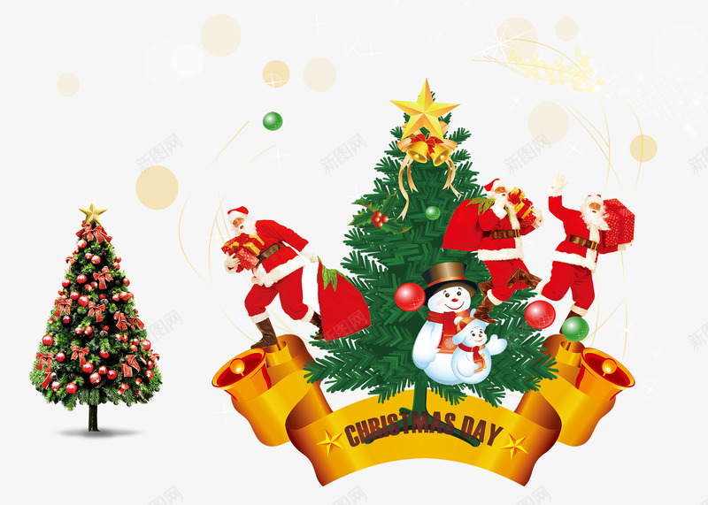 圣诞老人圣诞装饰物png免抠素材_新图网 https://ixintu.com 圣诞树 拿着礼品的老人 诞装饰物 铃铛 雪人装饰 雪花装饰