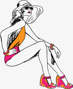 戴帽子的女性手绘插图时髦女郎侧面高清图片