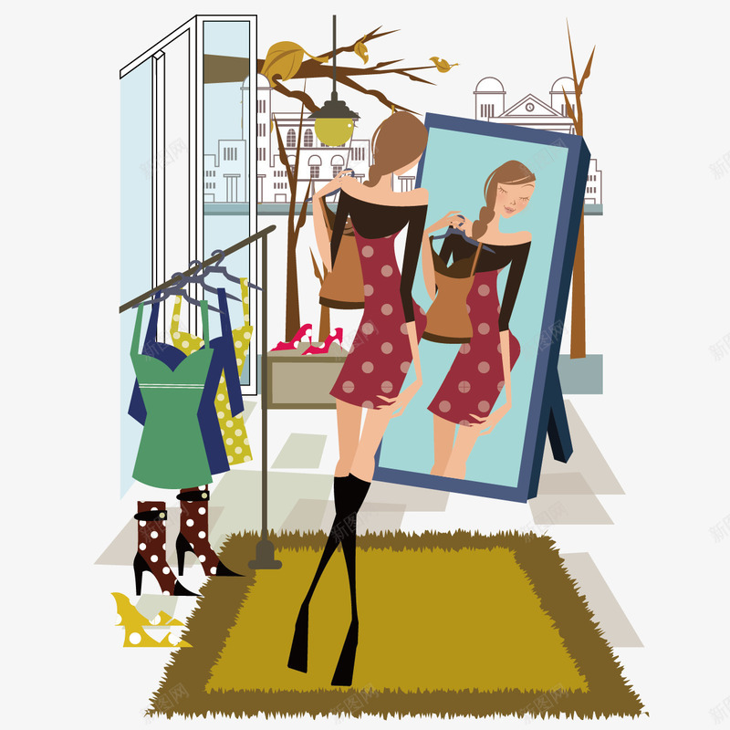 照镜子打扮的女人png免抠素材_新图网 https://ixintu.com ai 地毯 居室内景 照镜子的女人 衣服 镜子