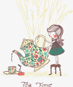 倒茶的女孩插画植物前站在凳子上倒茶的女高清图片