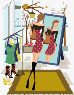 试衣服镜子手绘买衣服照镜子女孩矢量图高清图片