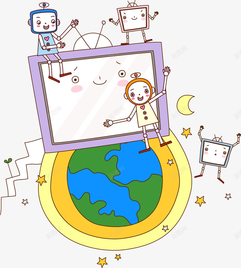 在地球上抱着电视机的机器人png免抠素材_新图网 https://ixintu.com 动漫 卡通 可爱 手绘 月亮 机器人 电视机 蓝色