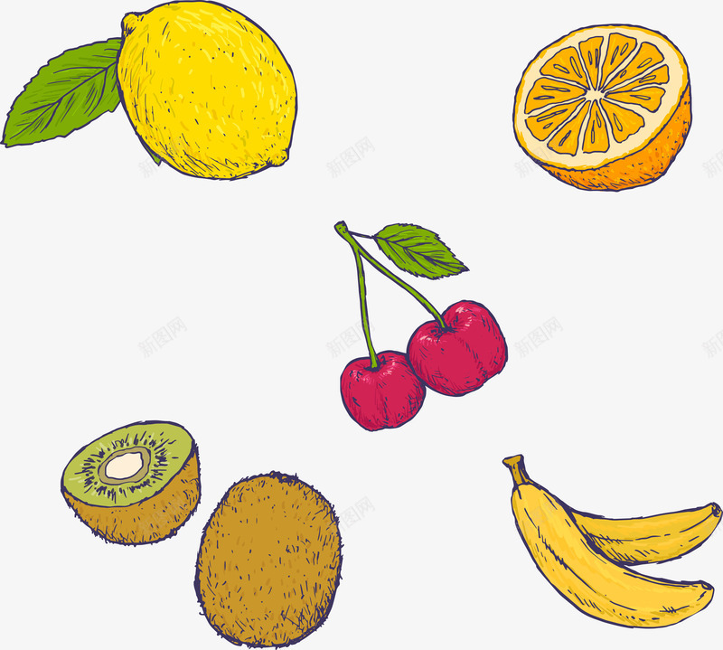 手绘卡通水果png免抠素材_新图网 https://ixintu.com 卡通 手绘 柠檬 樱桃 水果 猕猴桃 香蕉