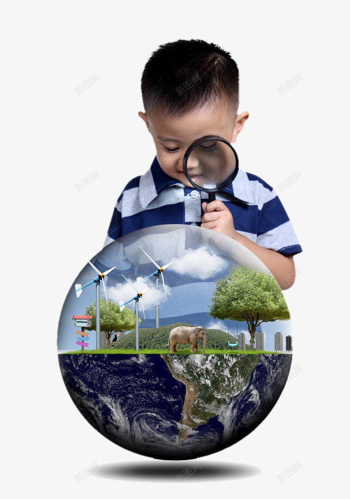 放大镜观察地球的小孩png免抠素材_新图网 https://ixintu.com 地球 大树 大象 小孩 放大镜 环保 观察力