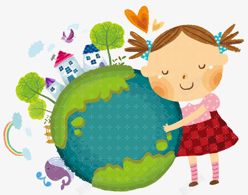 关爱地球png免抠素材_新图网 https://ixintu.com 卡通 地球 小女孩 建筑 拥抱 插画 树木