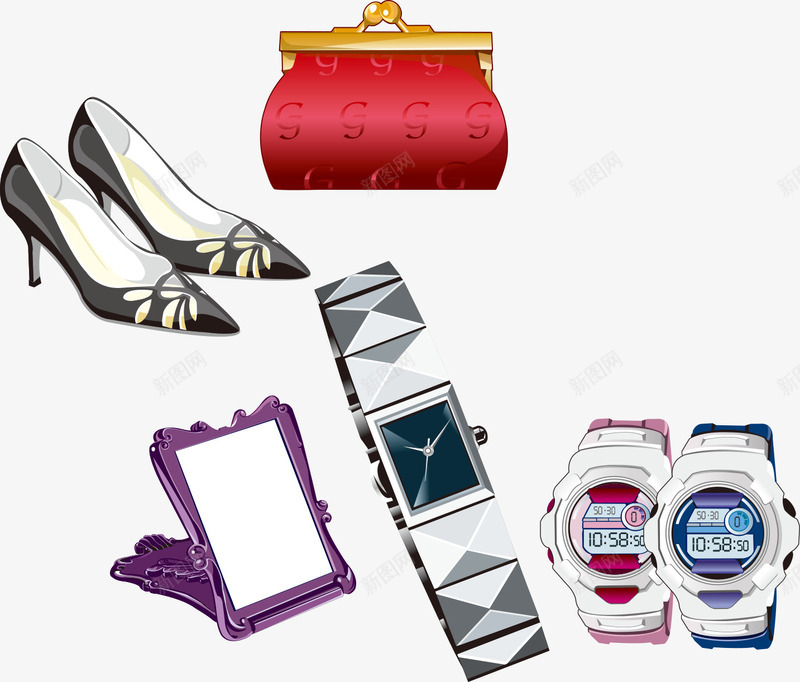 女性鞋子皮夹手表镜子png免抠素材_新图网 https://ixintu.com 女性的用品 女性的皮夹 时尚的女性鞋子 矢量女性用品