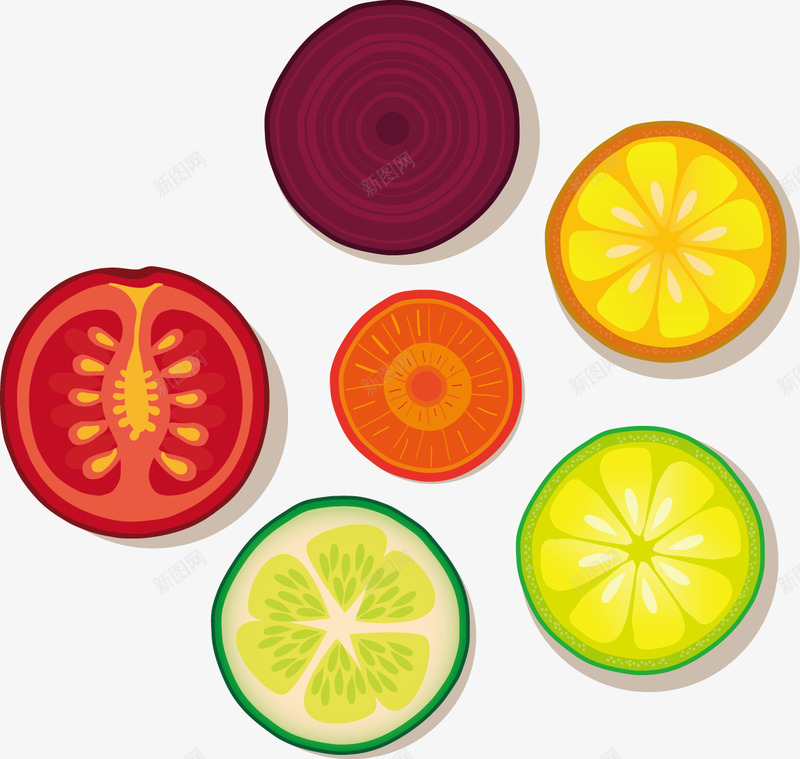 手绘切开的水果和蔬菜png免抠素材_新图网 https://ixintu.com 手绘 柠檬片 洋葱 西红柿