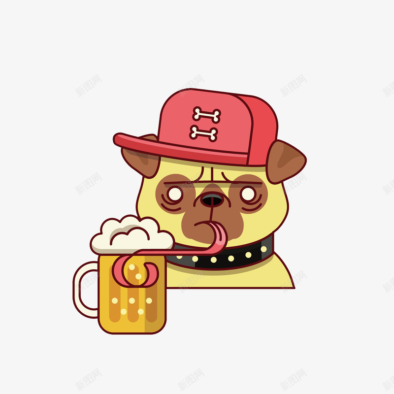 卡通喝啤酒的狗png免抠素材_新图网 https://ixintu.com 一杯啤酒 喝啤酒的狗 狗吃东西 皱眉头 红色帽子