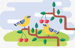 卡通手绘站在樱桃树上的鸟素材