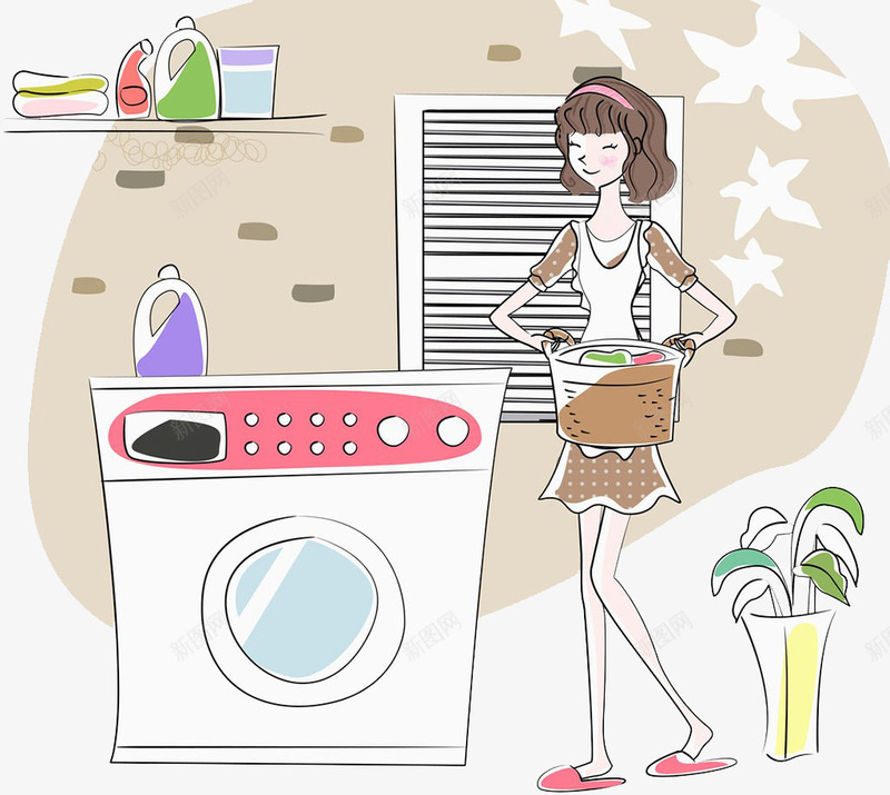 女孩洗衣服png免抠素材_新图网 https://ixintu.com 卡通 女孩 洗衣服 洗衣机