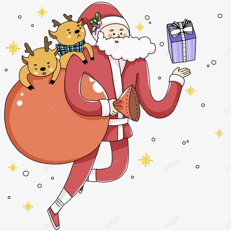 卡通背着包袱的圣诞老人图png免抠素材_新图网 https://ixintu.com 卡通 小鹿 插图 白胡子 礼品 红色的 雪花 高兴的
