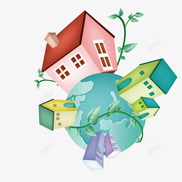 地球上的房子png免抠素材_新图网 https://ixintu.com 地球 建筑 房屋 手绘 环保