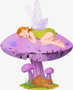 紫色蘑菇上卡通紫色蘑菇上睡觉的精灵高清图片