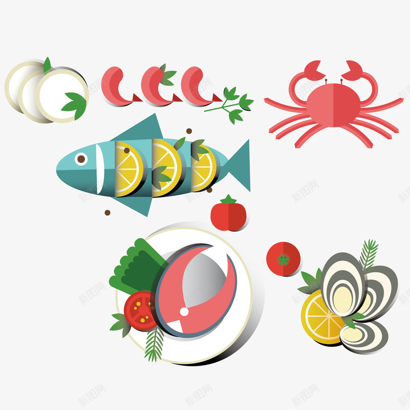 海鲜食品和蔬菜png免抠素材_新图网 https://ixintu.com 俯视 桌子俯视 海鲜 食物 鱼