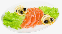 海鲜产品碟装新鲜三文鱼排柠檬蔬菜摆盘高清图片