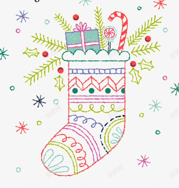卡通蜡笔画圣诞袜子礼物png免抠素材_新图网 https://ixintu.com 儿童蜡笔画 卡通蜡笔画 圣诞 圣诞袜子 糖果拐棍糖 送礼物