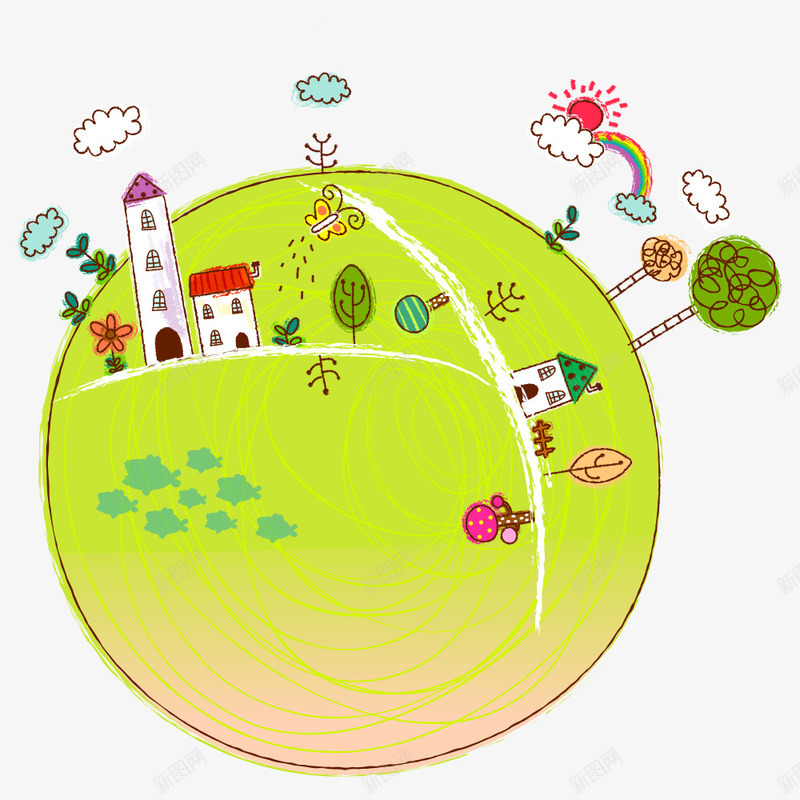 卡通创意地球png免抠素材_新图网 https://ixintu.com 创意地球 地球 小树 建筑 彩虹 植物 绿植