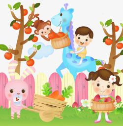 孩子和动物摘苹果素材