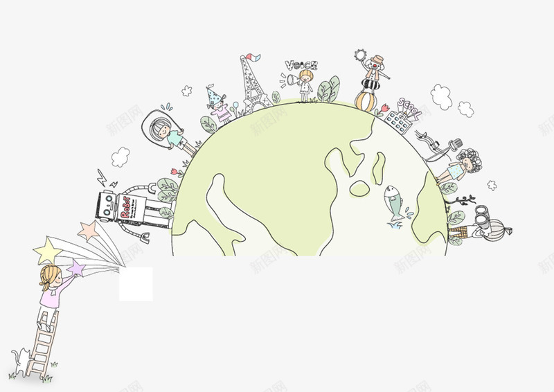 卡通乐园png免抠素材_新图网 https://ixintu.com 地球 小伙伴 手绘游乐 机器人 梦想乐园 游乐园剪影