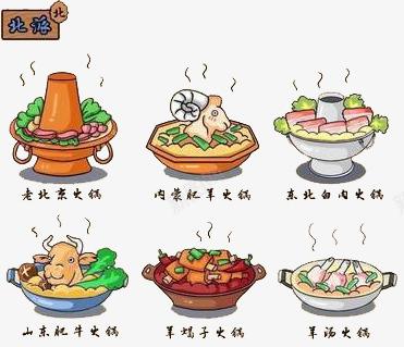 北派美食png免抠素材_新图网 https://ixintu.com 手绘 火锅 肉片 蔬菜 集合