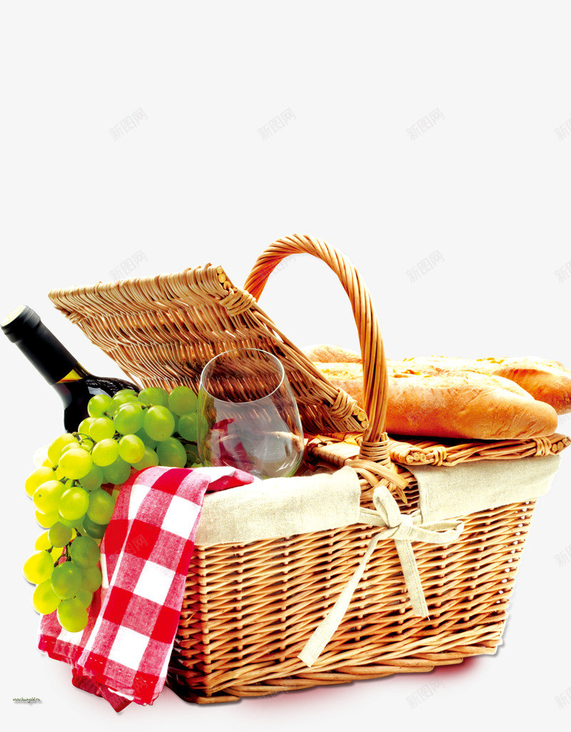 葡萄野餐篮子png免抠素材_新图网 https://ixintu.com 篮子 红酒 绿葡萄 葡萄 酒瓶 野餐 面包