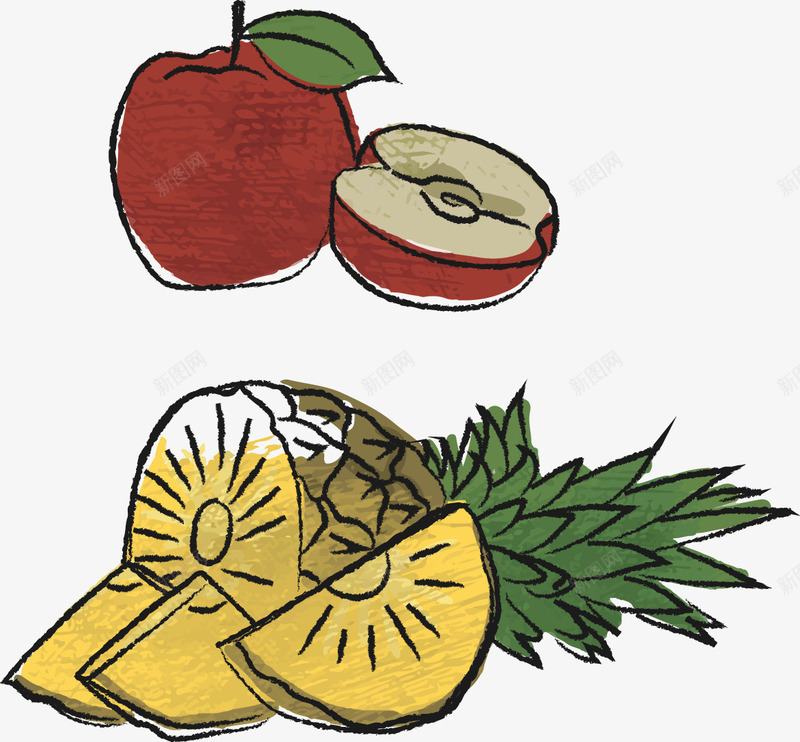 手绘插画苹果和苹果矢量图ai免抠素材_新图网 https://ixintu.com 切开的水果 手绘 苹果 菠萝 矢量图