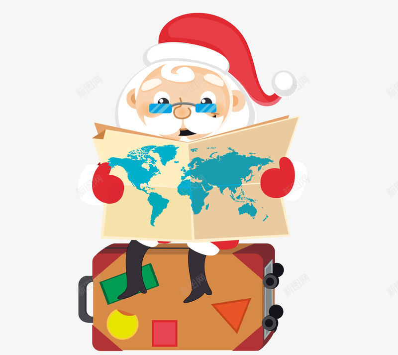卡通圣诞老人看地图png免抠素材_新图网 https://ixintu.com 圣诞老人 圣诞节元素 礼品 箱子 红色