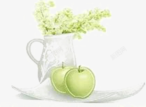 苹果和一瓶小花手绘png免抠素材_新图网 https://ixintu.com 两个 灰色 绿色 花瓶