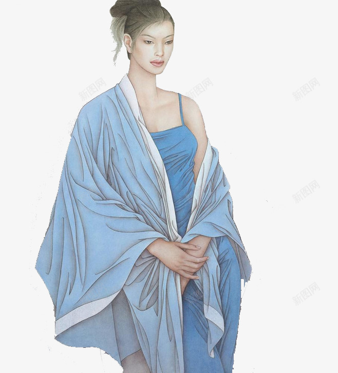 手绘美女png免抠素材_新图网 https://ixintu.com 中国古代衣服 古代服饰 女性 工笔画 蓝色衣服