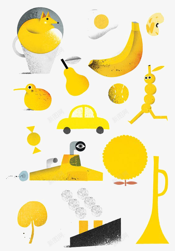黄色系物品png免抠素材_新图网 https://ixintu.com 创意 汽车 糖果 铁桶 香蕉 黄色