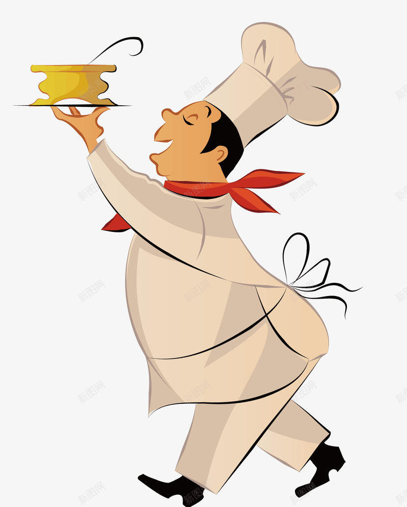 一位端着美食的大厨png免抠素材_新图网 https://ixintu.com 卡通 围裙 漫画衣服 白衣服的大厨 红围脖 金色 饭碗
