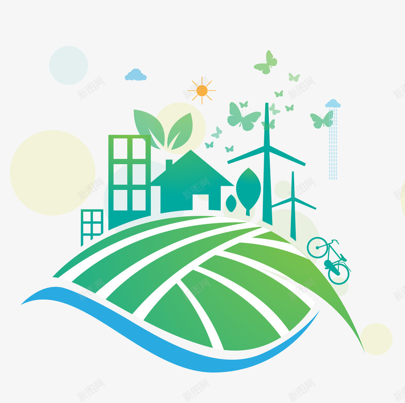 爱护地球环保图标元素png_新图网 https://ixintu.com 图标设计 太阳 爱护地球 环保 田地 自行车 风车