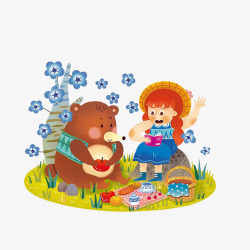 卡通草地上野餐的女孩和小熊素材