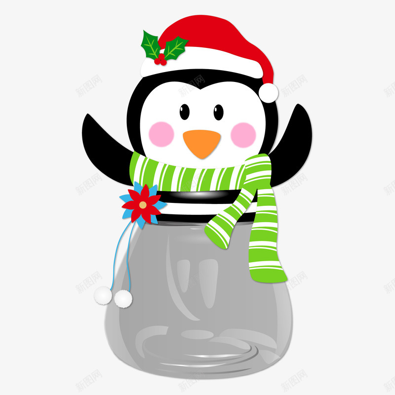 卡通圣诞企鹅糖果罐png免抠素材_新图网 https://ixintu.com 圣诞企鹅 圣诞帽子 圣诞节 糖果罐 绿色围巾 节日装饰