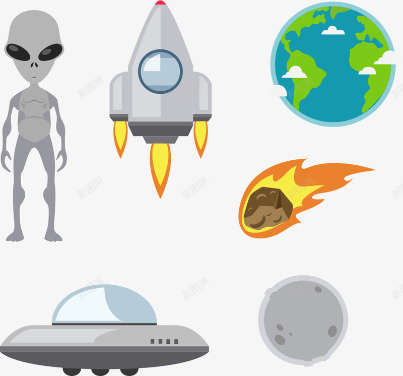 外星人与火箭png免抠素材_新图网 https://ixintu.com 地球 外星人 火箭 矢量外星人 飞碟
