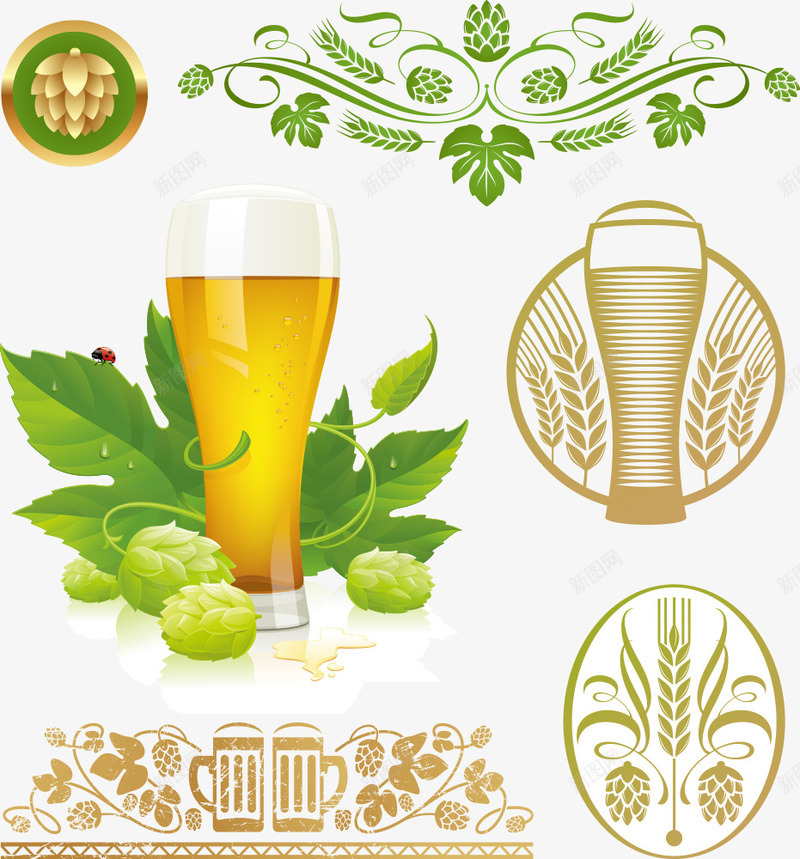 绿叶和啤酒瓶png免抠素材_新图网 https://ixintu.com 叶子 啤酒 啤酒瓶 小麦 绿叶
