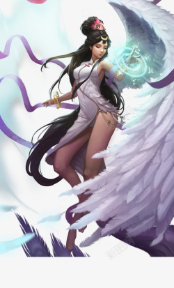 手绘白翅膀天使女子素材