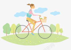 亚洲人女人骑自行车踏青插画高清图片