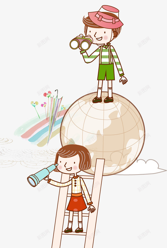 地球上的人png免抠素材_新图网 https://ixintu.com 云端 人物望远镜 地球 小孩子 彩虹 望远镜 雨伞