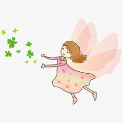飞起来的小女孩和绿叶素材