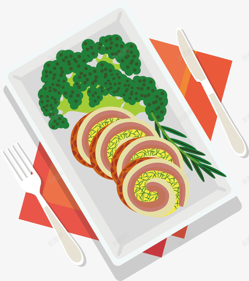 蔬菜沙拉png免抠素材_新图网 https://ixintu.com 减肥餐 刀叉 手绘 碟子 绿色西蓝花 肉卷 香菜